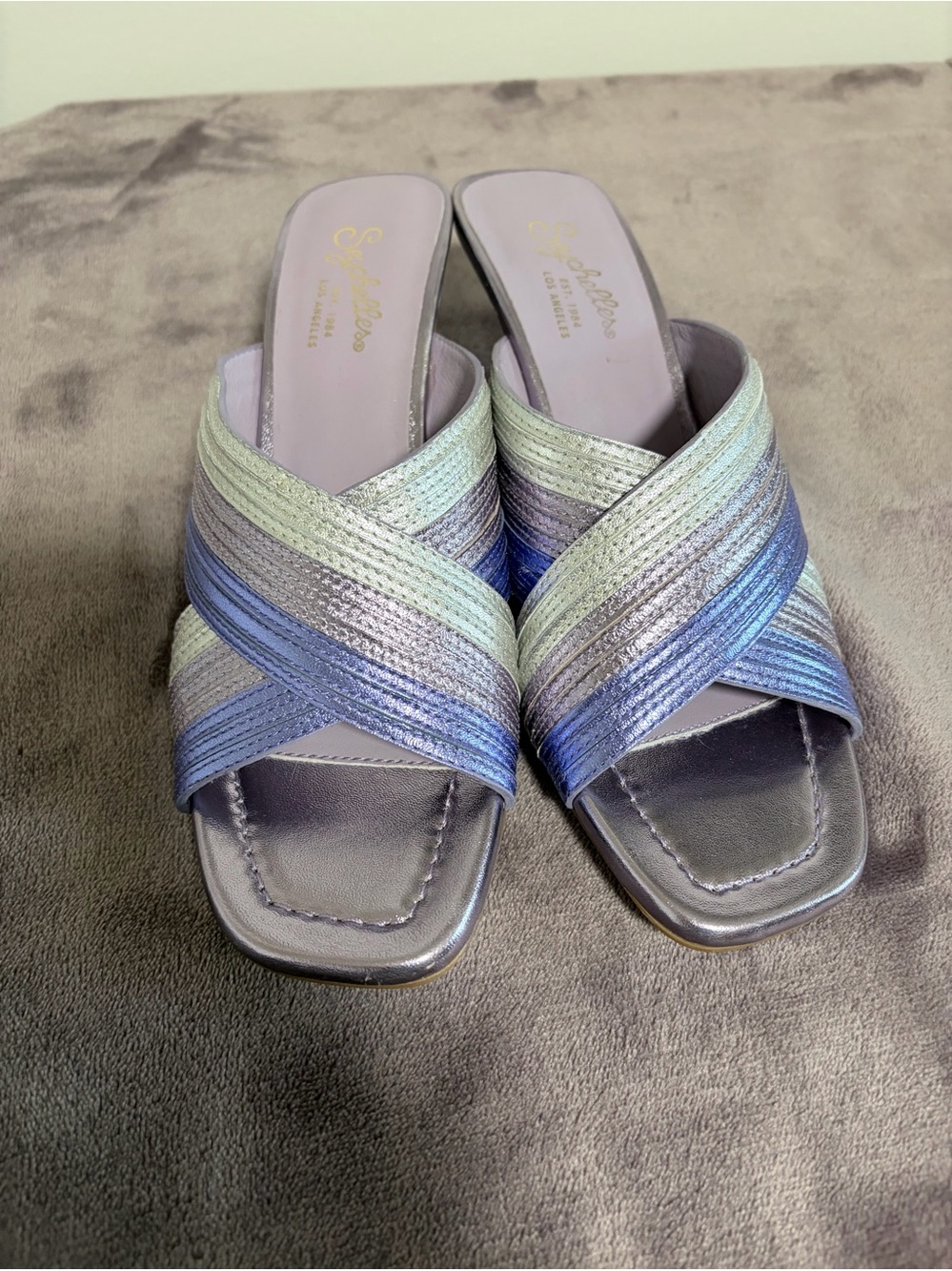 Seychelles Lavender Iridescent Crisscross Slide Heel Sandals